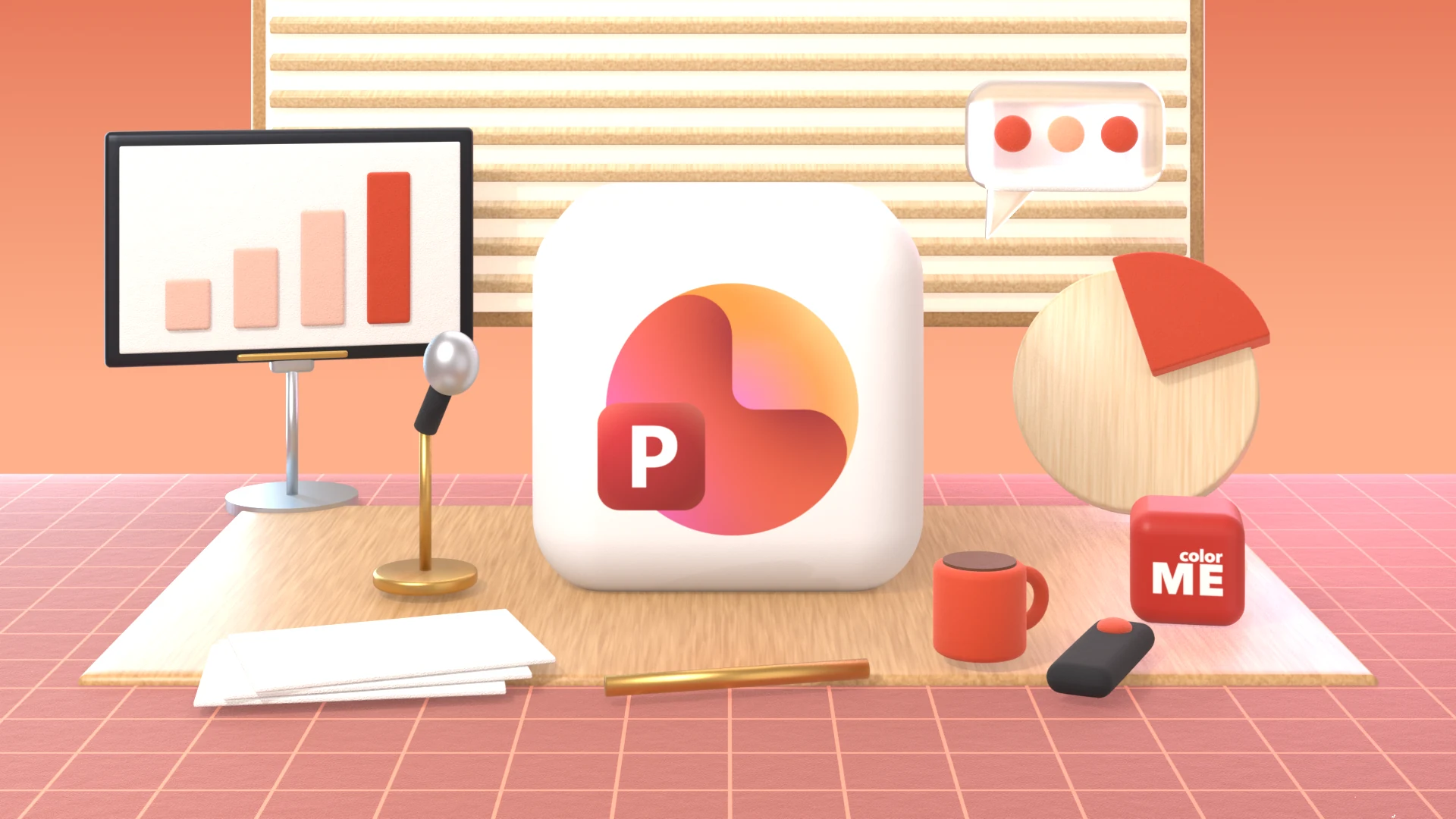 Biểu tượng PowerPoint dựng 3D đặt trên mặt bàn, bên cạnh là màn hình có biểu đồ cột, biểu đồ tròn và bút trình chiếu
