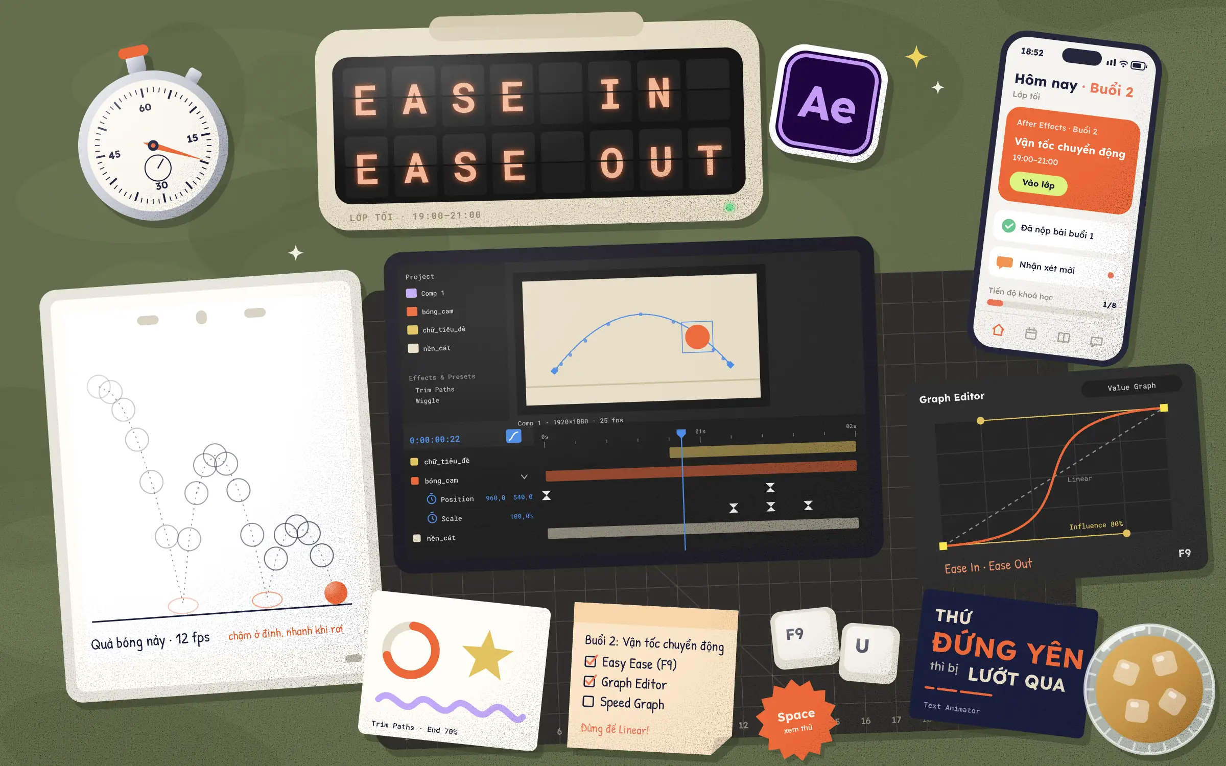 Bàn làm motion của người học After Effects: đồng hồ bấm giờ, bóng nảy trên giấy vẽ hoạt hình, Graph Editor với Easy Ease, thẻ Trim Paths, ghi chú buổi 2 Vận tốc chuyển động và app học viên ColorME