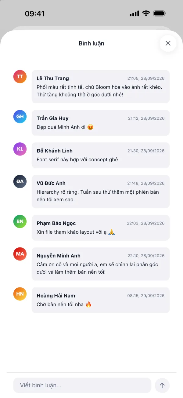 App học viên ColorME: nhận xét của giảng viên và các bạn trong lớp dưới một bài nộp