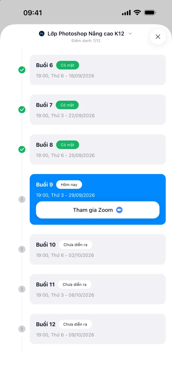 App học viên ColorME: lịch từng buổi học với trạng thái điểm danh và buổi hôm nay