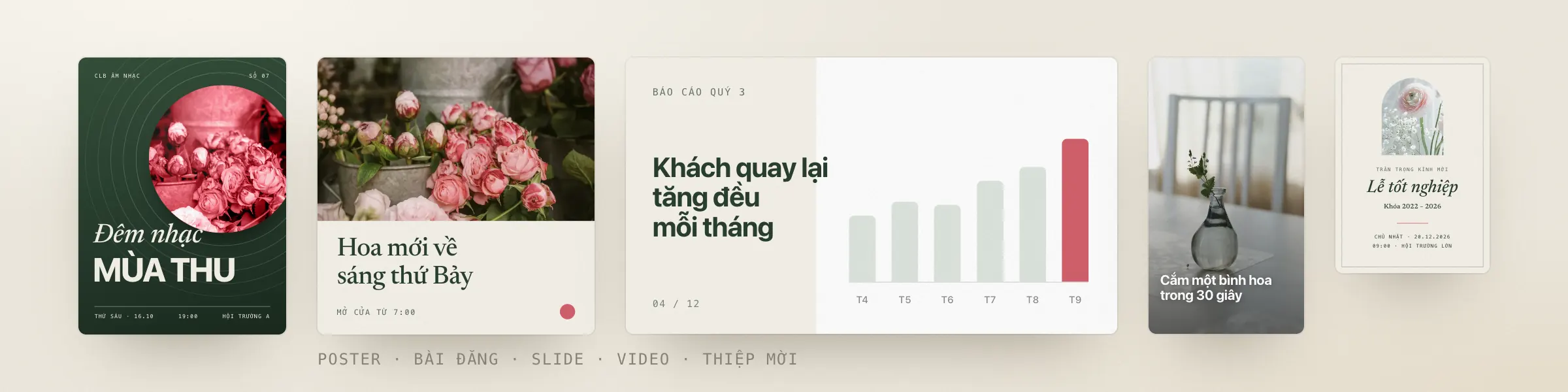 Poster, bài đăng, slide, video và thiệp mời xếp thành một hàng