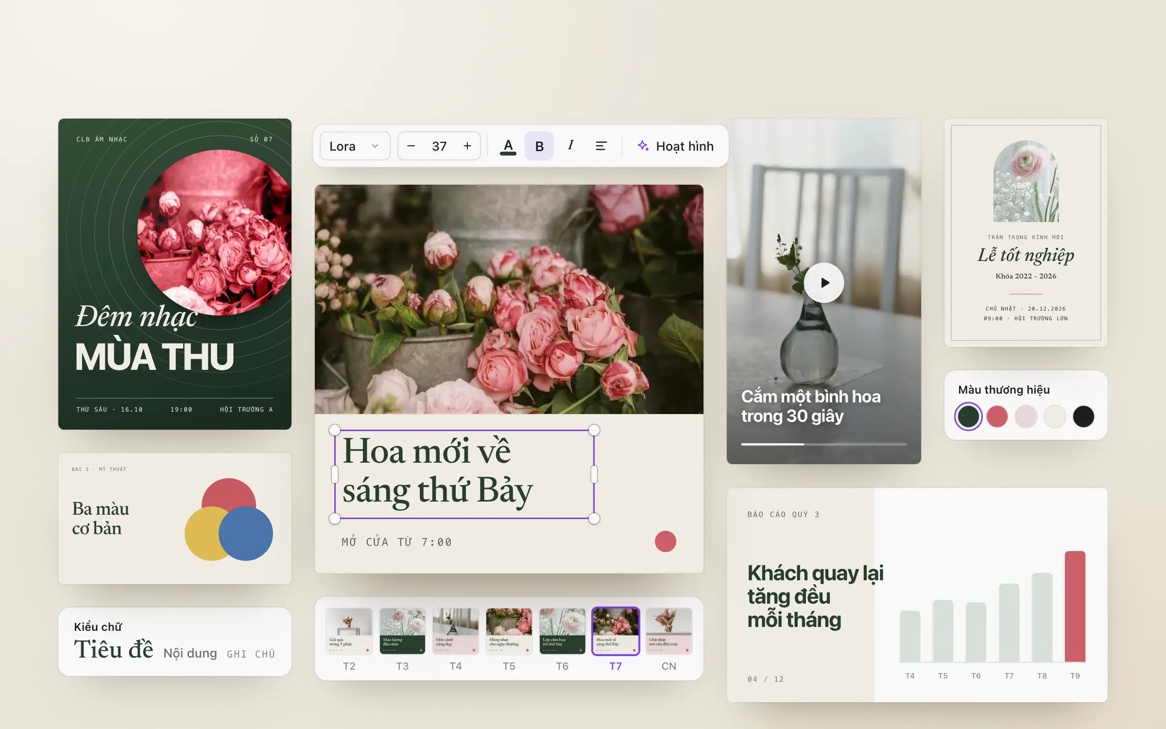 Poster, bài đăng, slide, video ngắn và thiệp mời đặt cạnh nhau trên một mặt bàn sáng; bài đăng ở giữa đang được sửa chữ