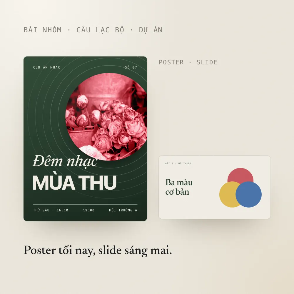 Poster đêm nhạc của câu lạc bộ và một slide bài học