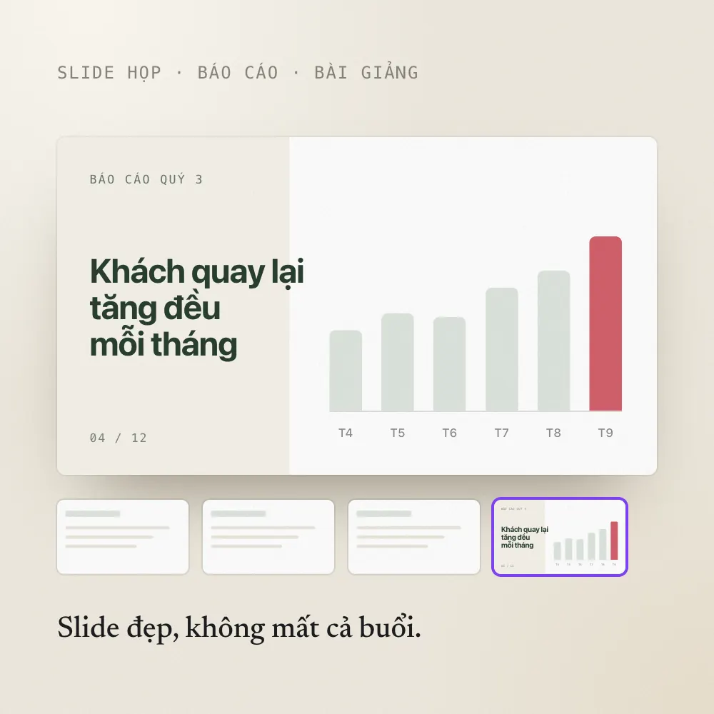 Slide báo cáo quý có biểu đồ và dải các trang slide bên dưới