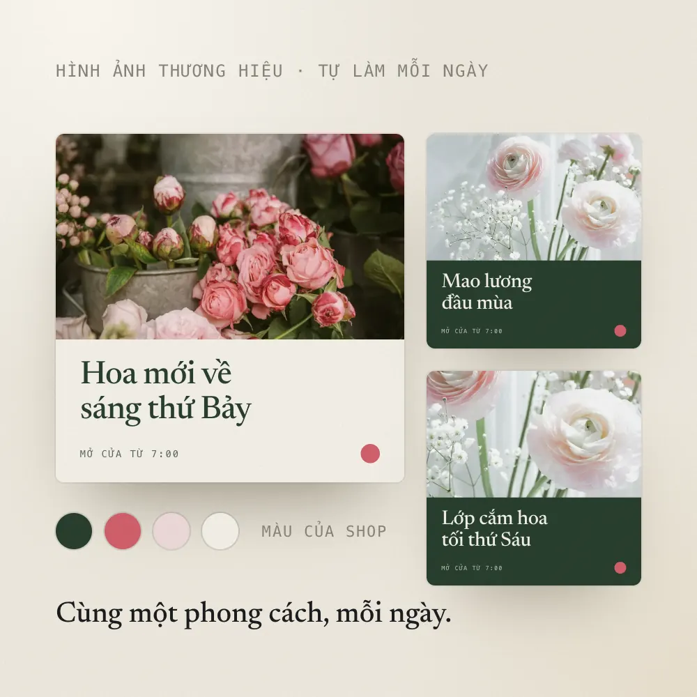 Ba bài đăng của một tiệm hoa cùng bảng màu của shop