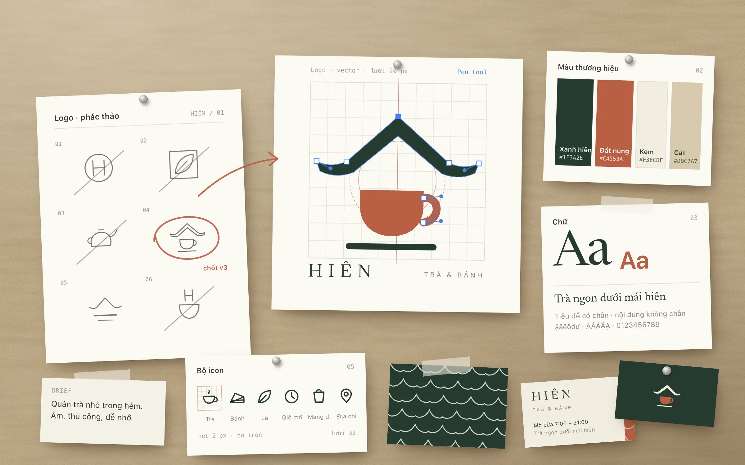Bảng ghim một bộ nhận diện thương hiệu đang làm dở: phác thảo logo bằng bút chì, phương án được khoanh chọn, logo vector với điểm neo và tay nắm Pen tool, bảng màu, chữ, bộ icon, hoạ tiết và danh thiếp