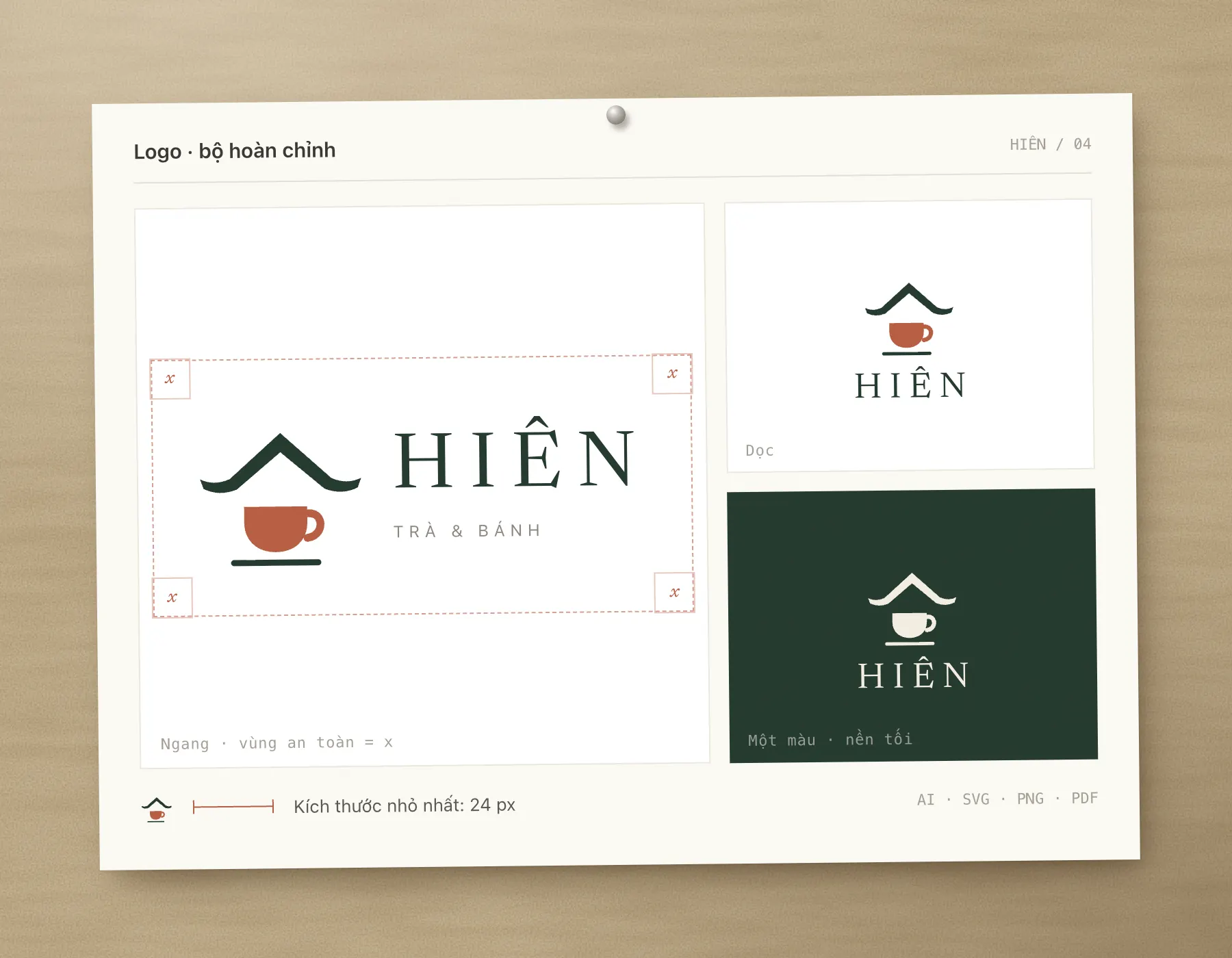 Logo HIÊN hoàn chỉnh: bản ngang, bản dọc, bản một màu trên nền tối, kèm vùng an toàn