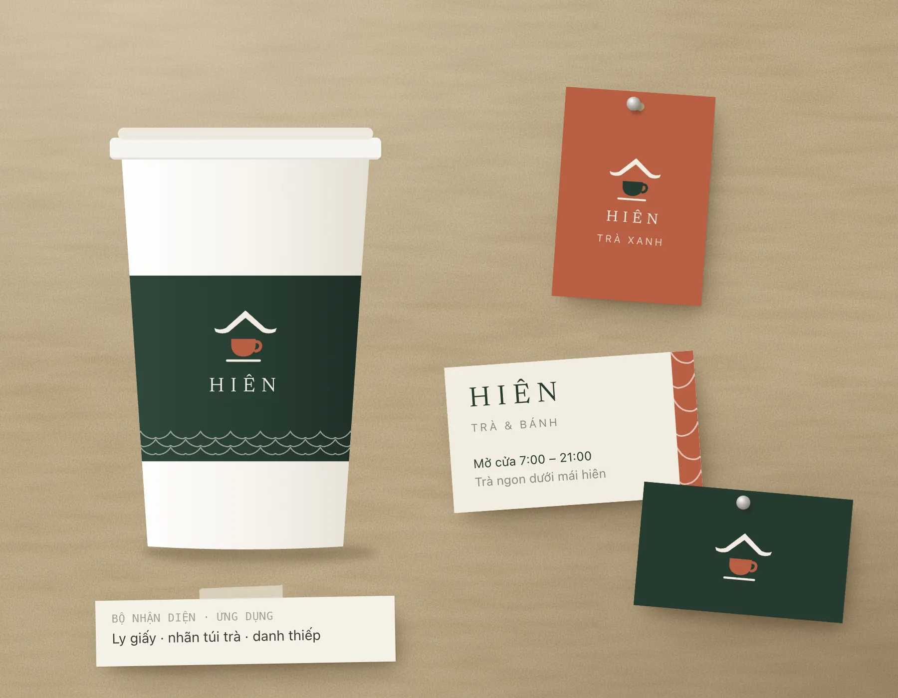 Bộ nhận diện HIÊN trên ly giấy, nhãn túi trà và danh thiếp