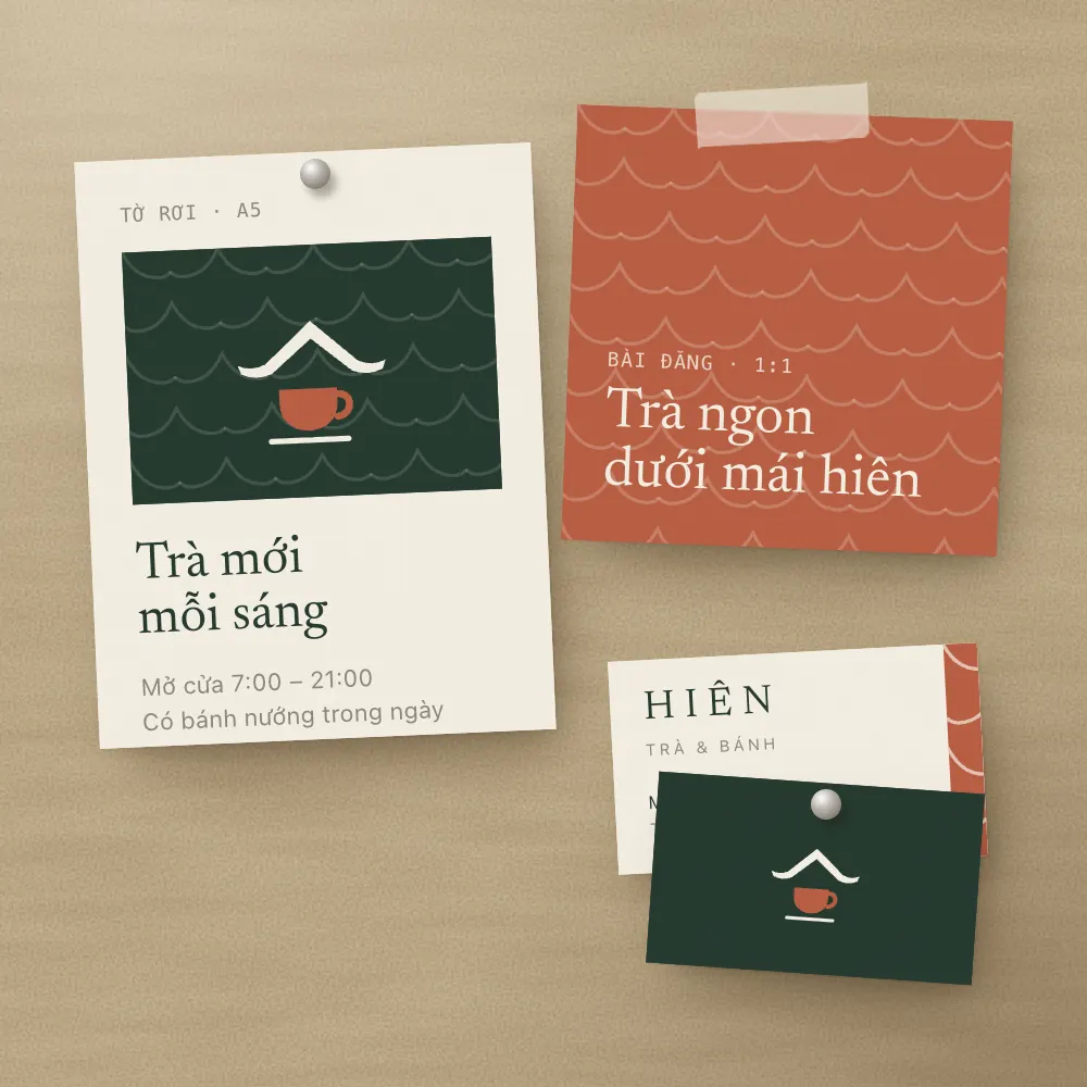 Logo, bài đăng 1:1, tờ rơi A5 và danh thiếp của cùng một quán trà