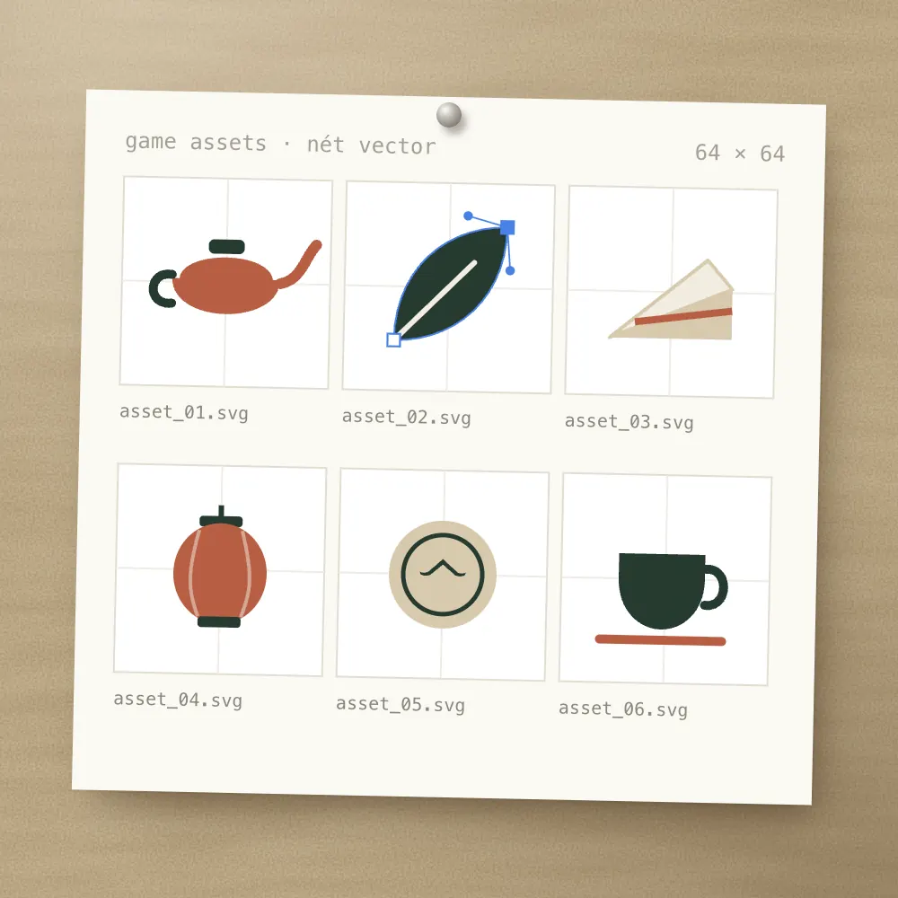 Bảng game assets nét vector: ấm trà, lá, bánh, đèn lồng, đồng xu, ly trà