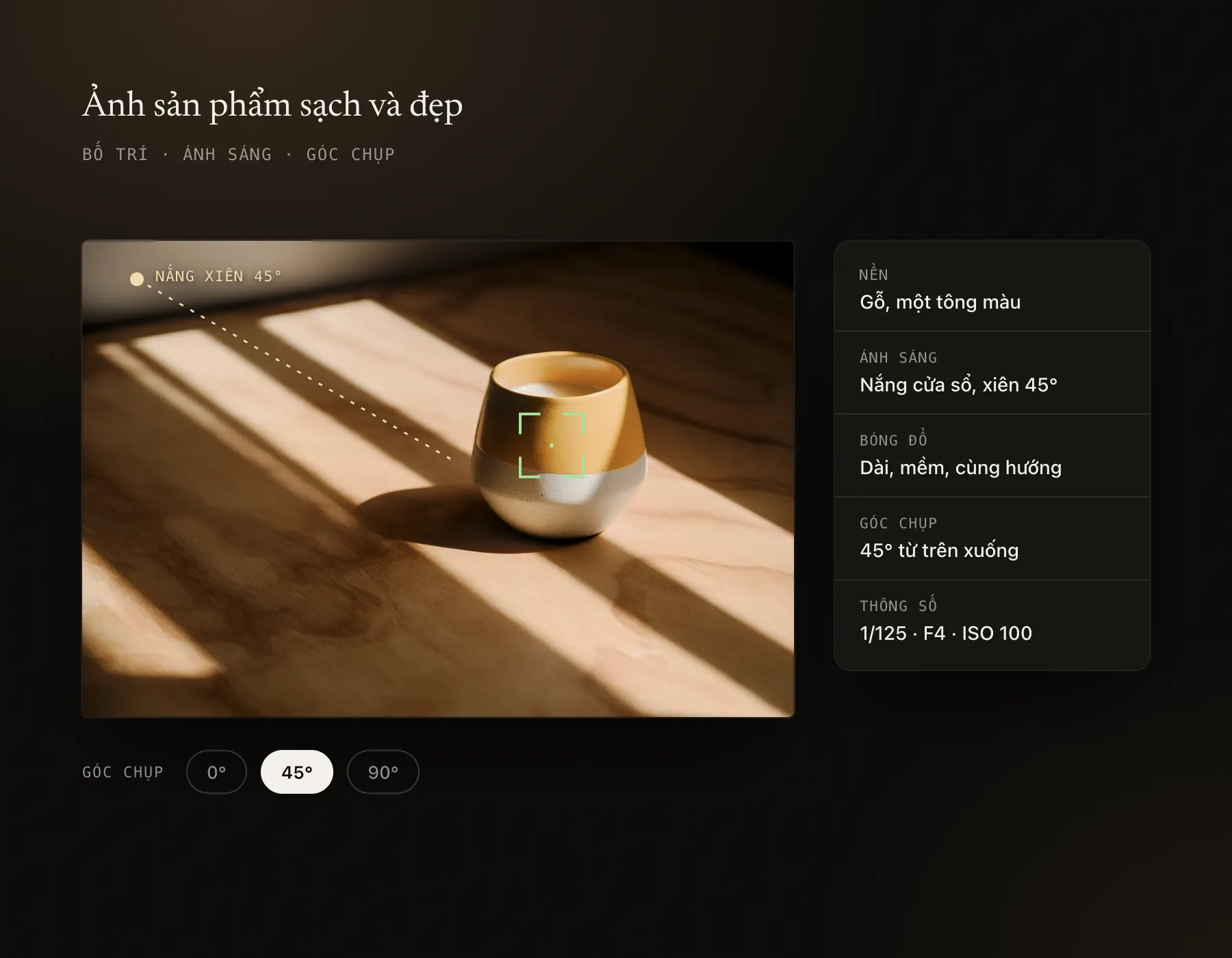 Chiếc cốc gốm dưới nắng xiên, với ghi chú về nền, ánh sáng, bóng đổ và góc chụp