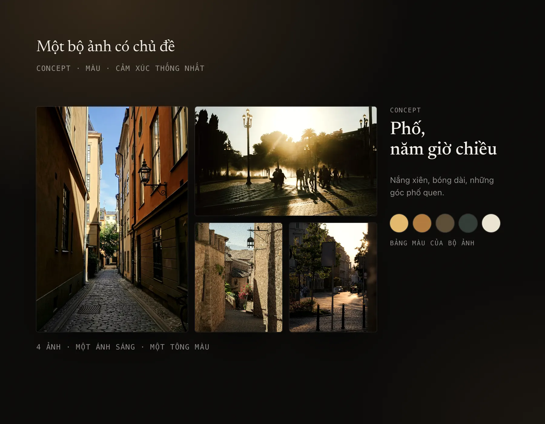 Bốn ảnh phố cùng một ánh sáng và bảng màu của một concept