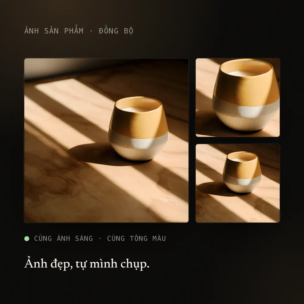 Ba ảnh sản phẩm cùng ánh sáng và tông màu