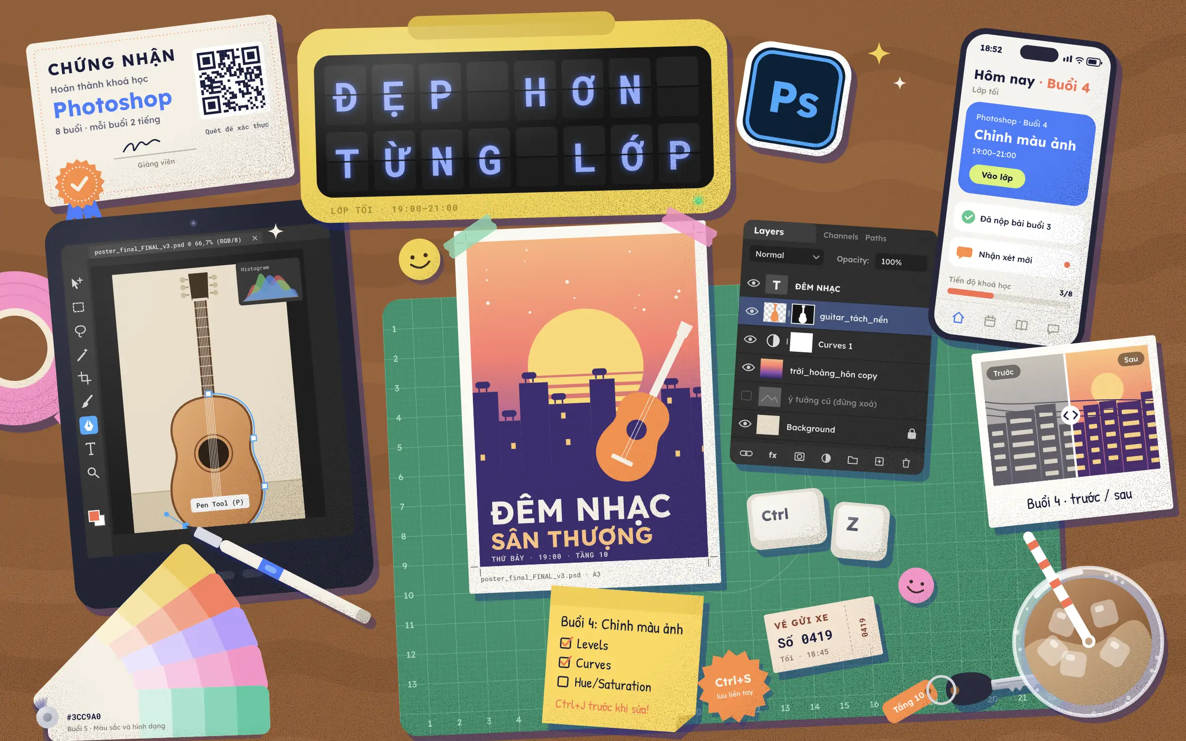 Bàn làm việc của người học Photoshop: máy tính bảng đang tách nền cây đàn, poster đêm nhạc sân thượng, bảng Layers, ly cà phê sữa đá và app học viên ColorME