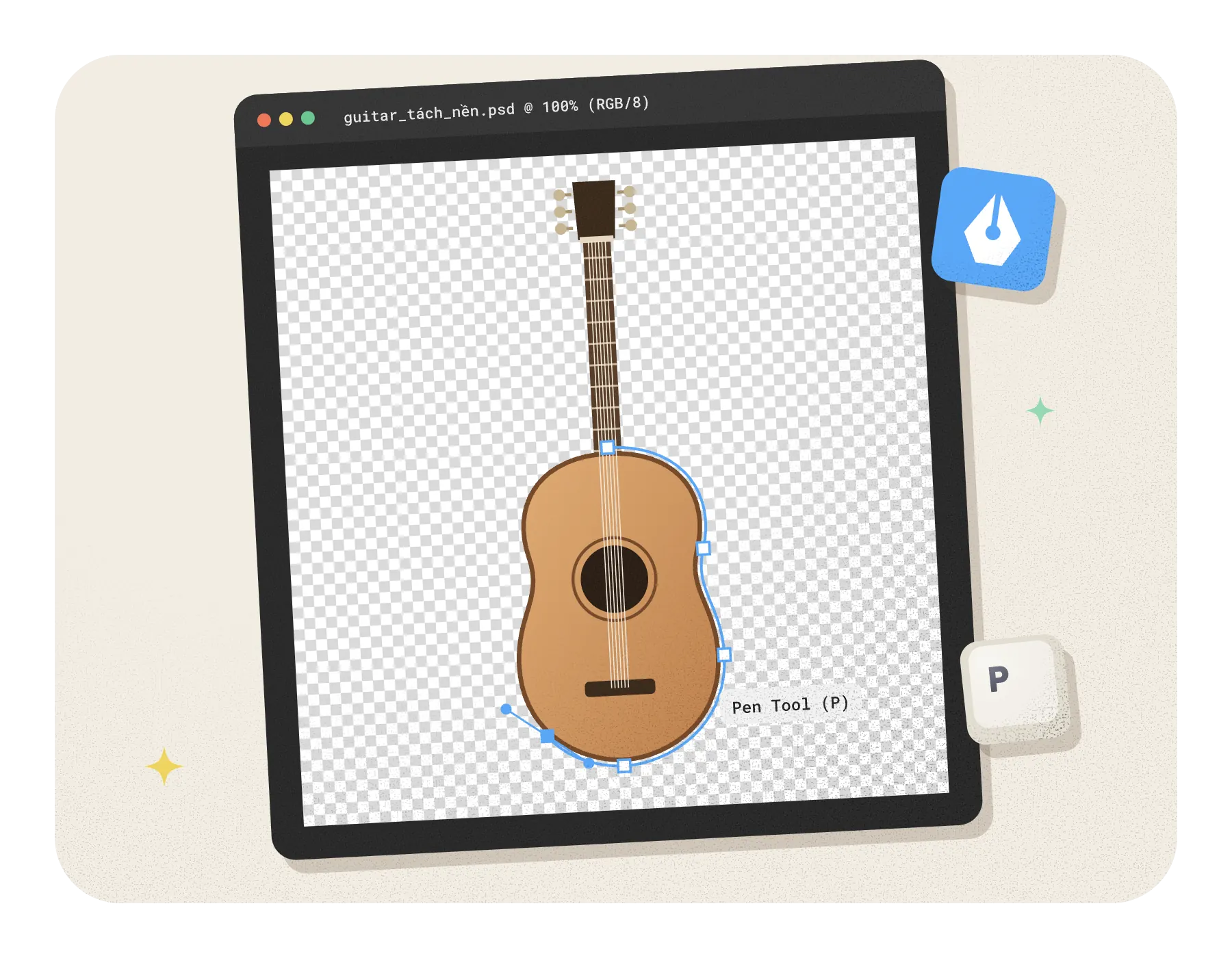 Cây đàn được tách nền bằng Pen Tool trên nền trong suốt