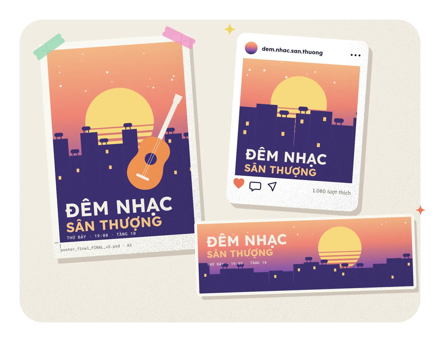 Bộ poster, bài đăng và banner cho đêm nhạc sân thượng