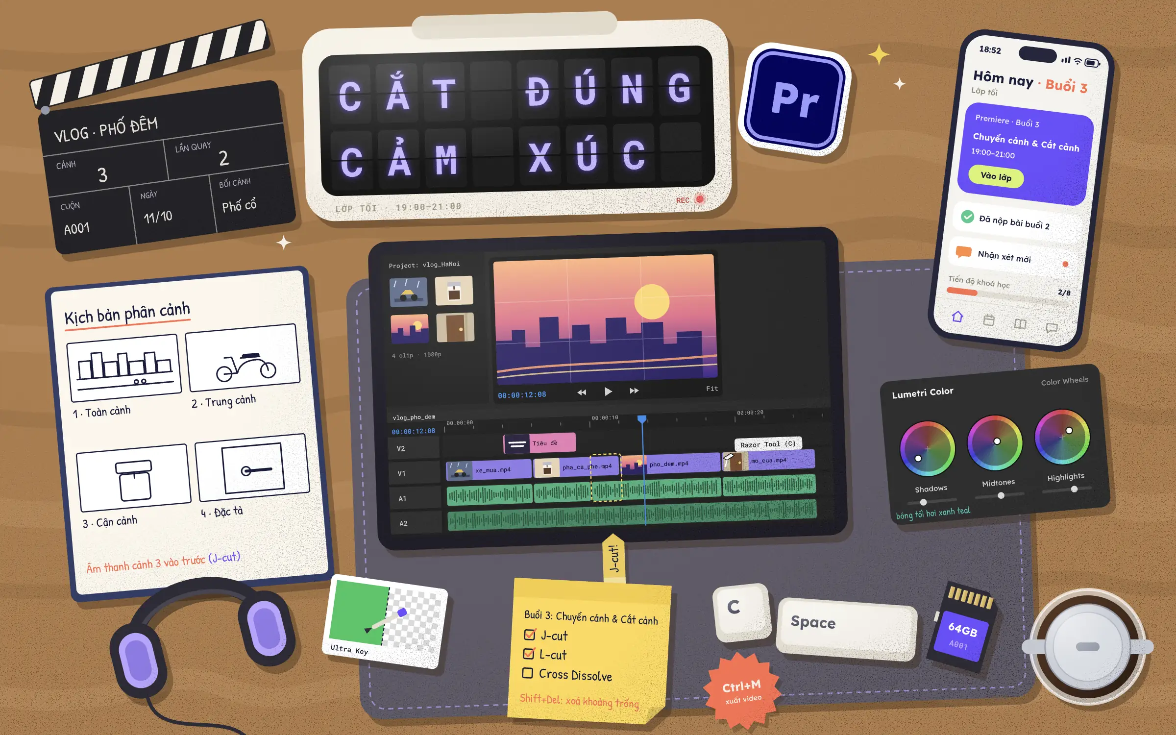 Bàn dựng phim của người học Premiere: timeline có J-cut, bảng chỉnh màu Lumetri, clapperboard Vlog phố đêm, kịch bản phân cảnh, tai nghe và app học viên ColorME buổi 3