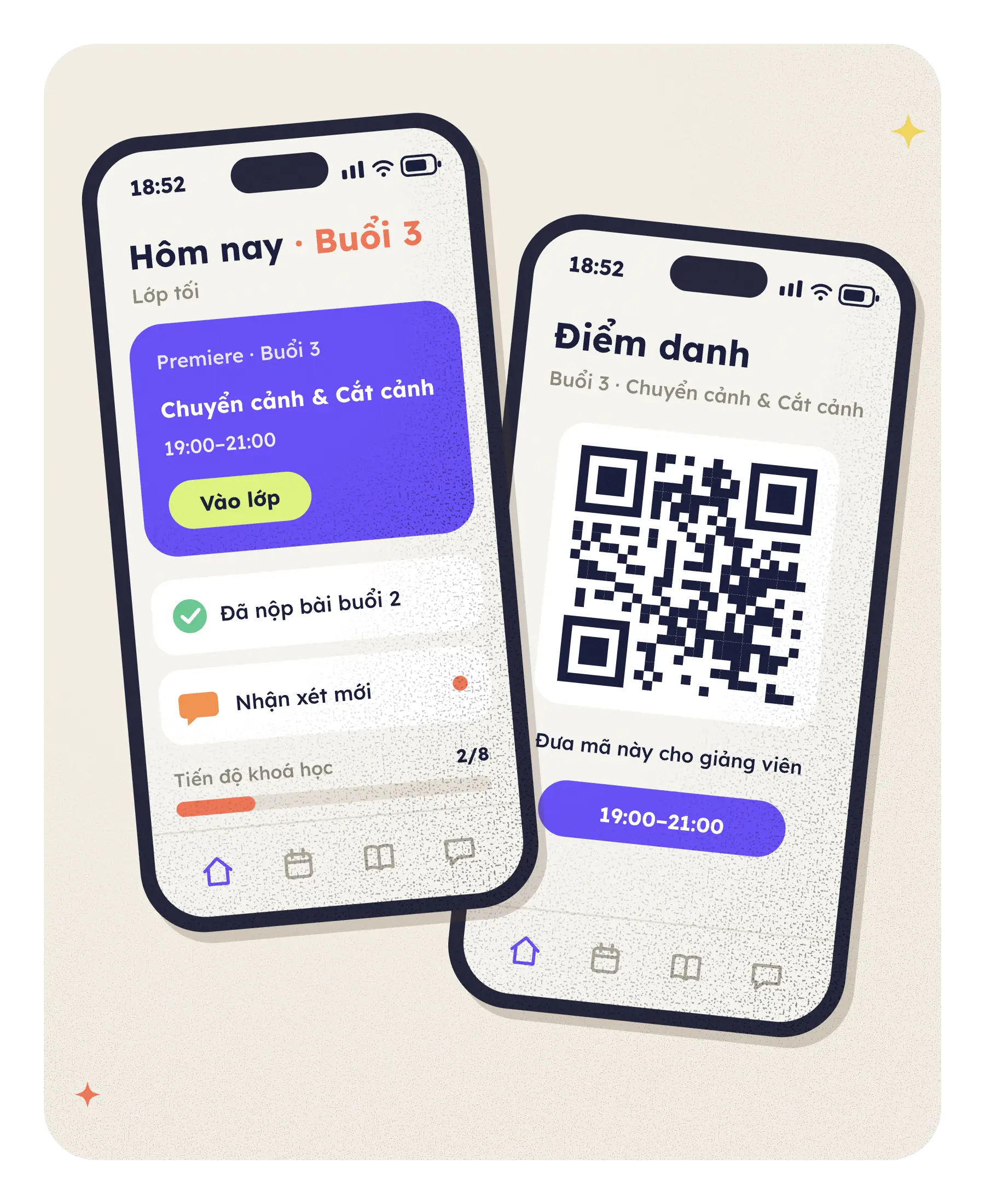 App học viên ColorME: hôm nay buổi 3 Chuyển cảnh và cắt cảnh, màn hình điểm danh bằng mã QR