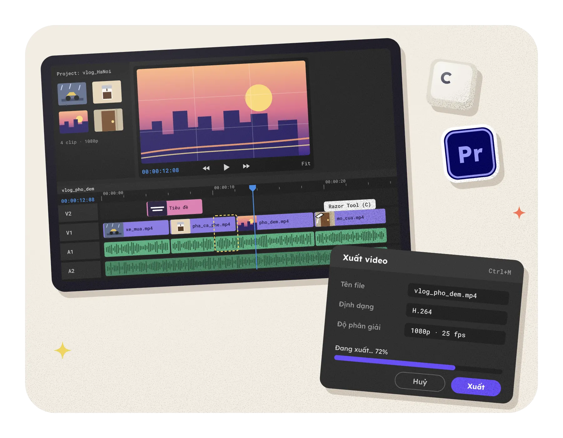 Timeline Premiere và hộp thoại xuất video H.264 1080p