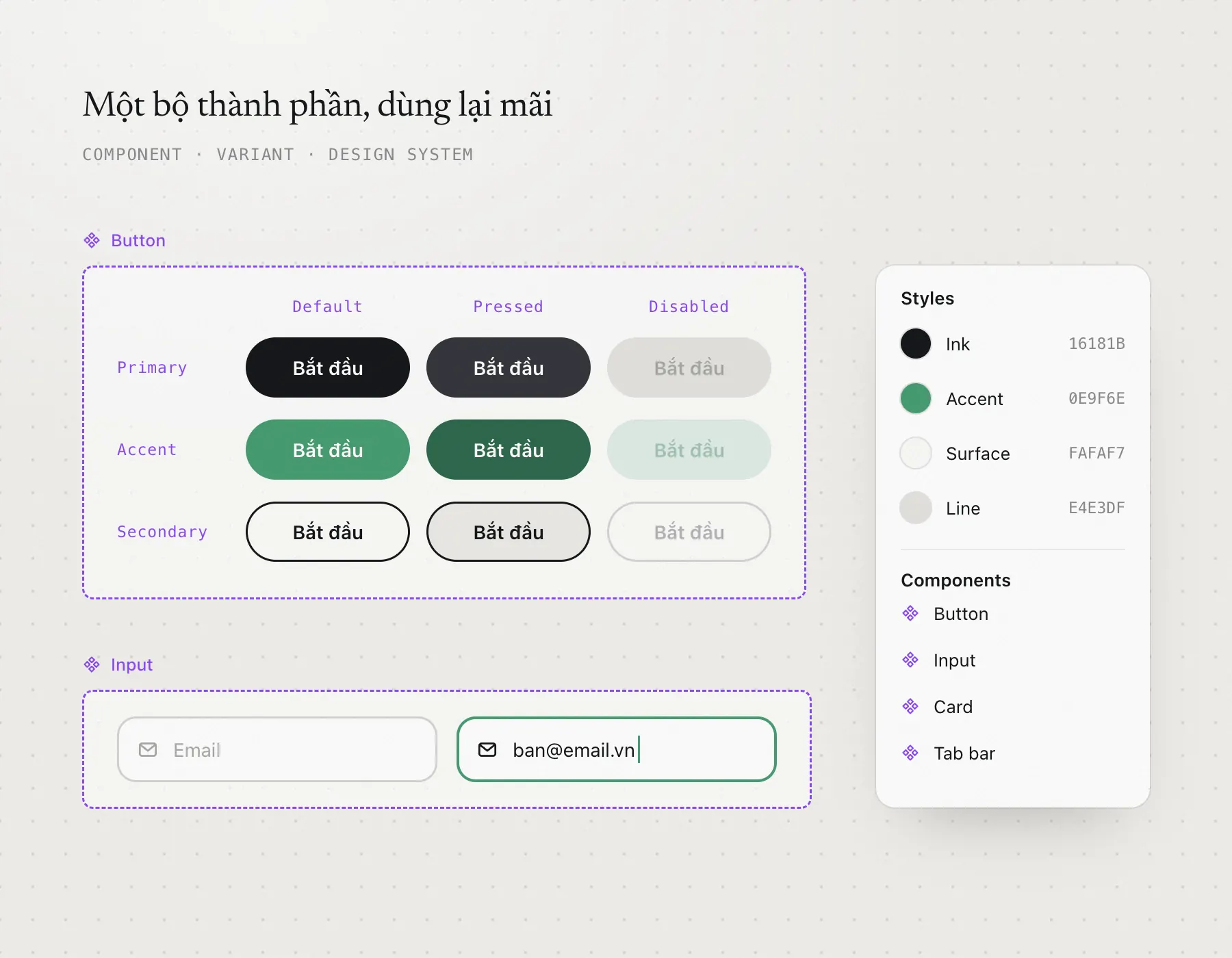 Bộ component Button với chín biến thể, Input và bảng Styles, Components