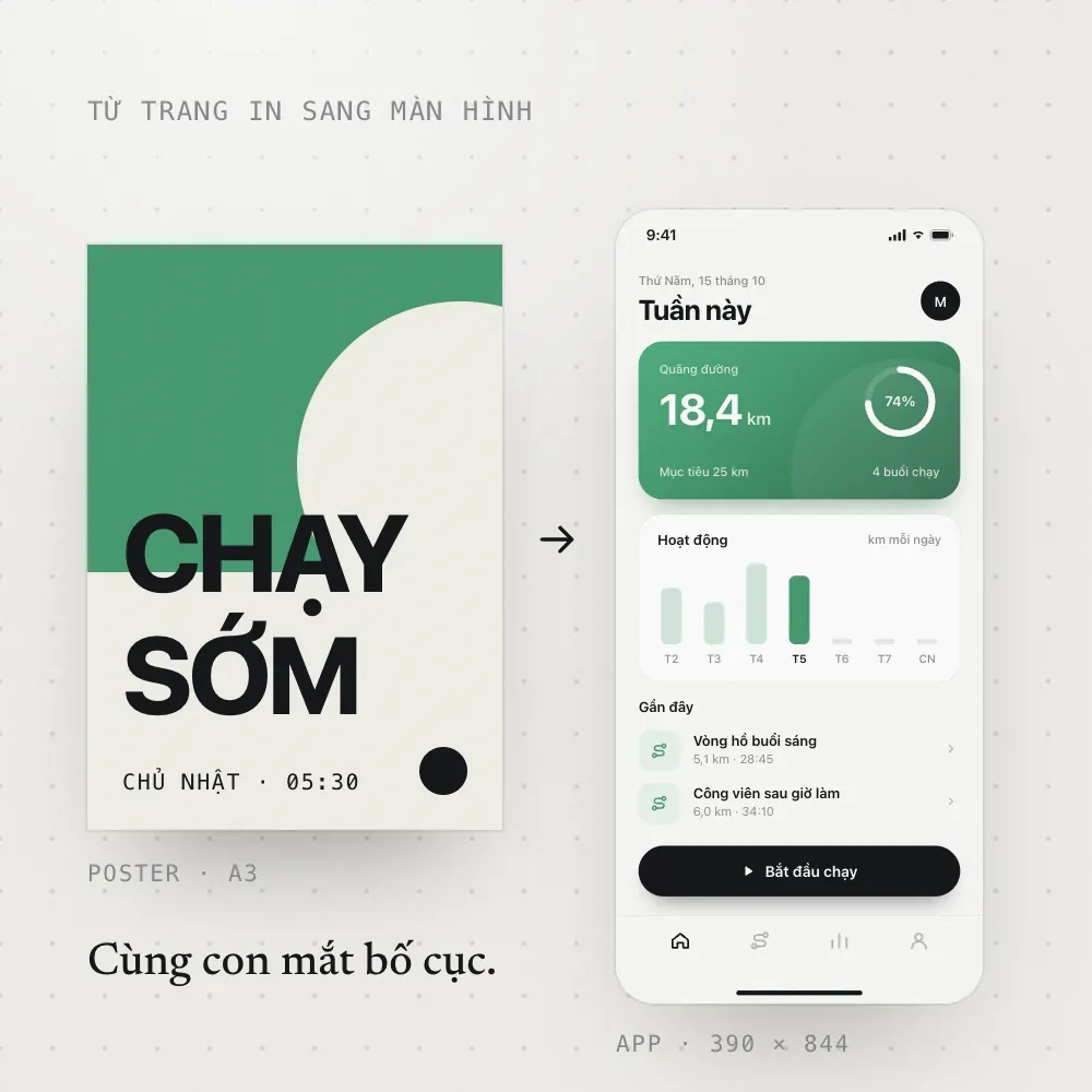 Một poster in và một màn hình app đặt cạnh nhau, cùng cách dàn bố cục