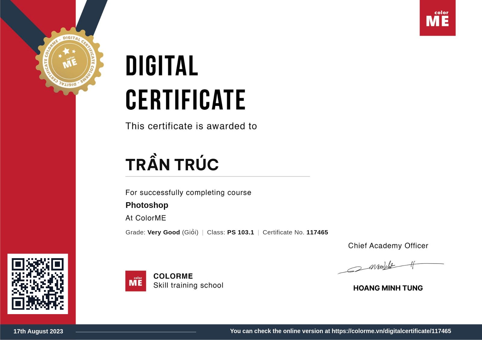 Chứng chỉ Photoshop của Trần Trúc