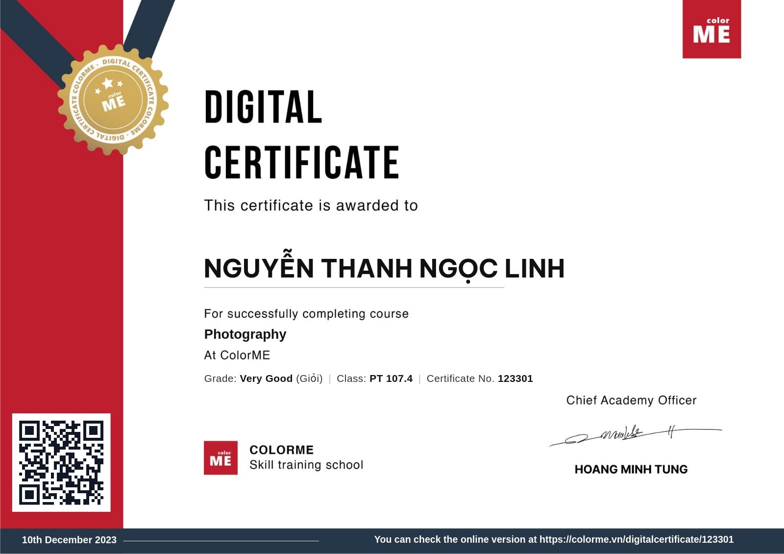 Chứng chỉ Photography của Nguyễn Thanh Ngọc Linh