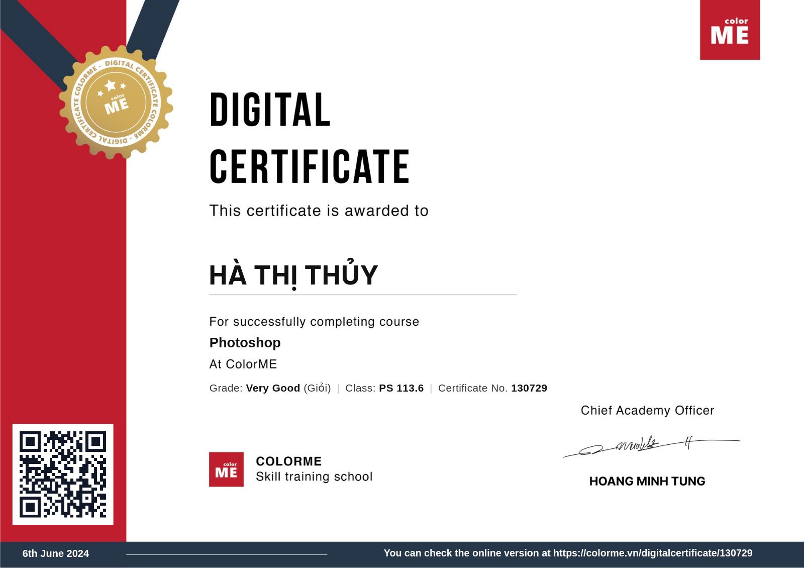 Chứng chỉ Photoshop của Hà Thị Thủy