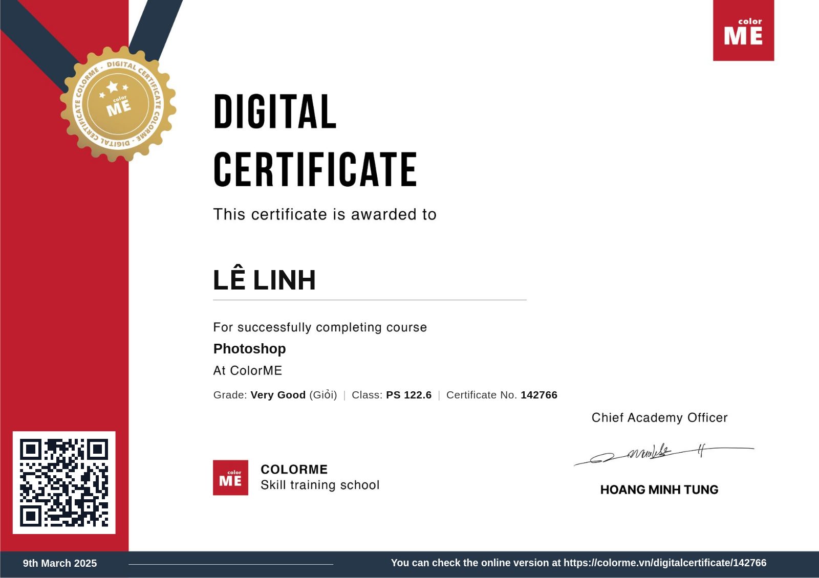 Chứng chỉ Photoshop của Lê Linh