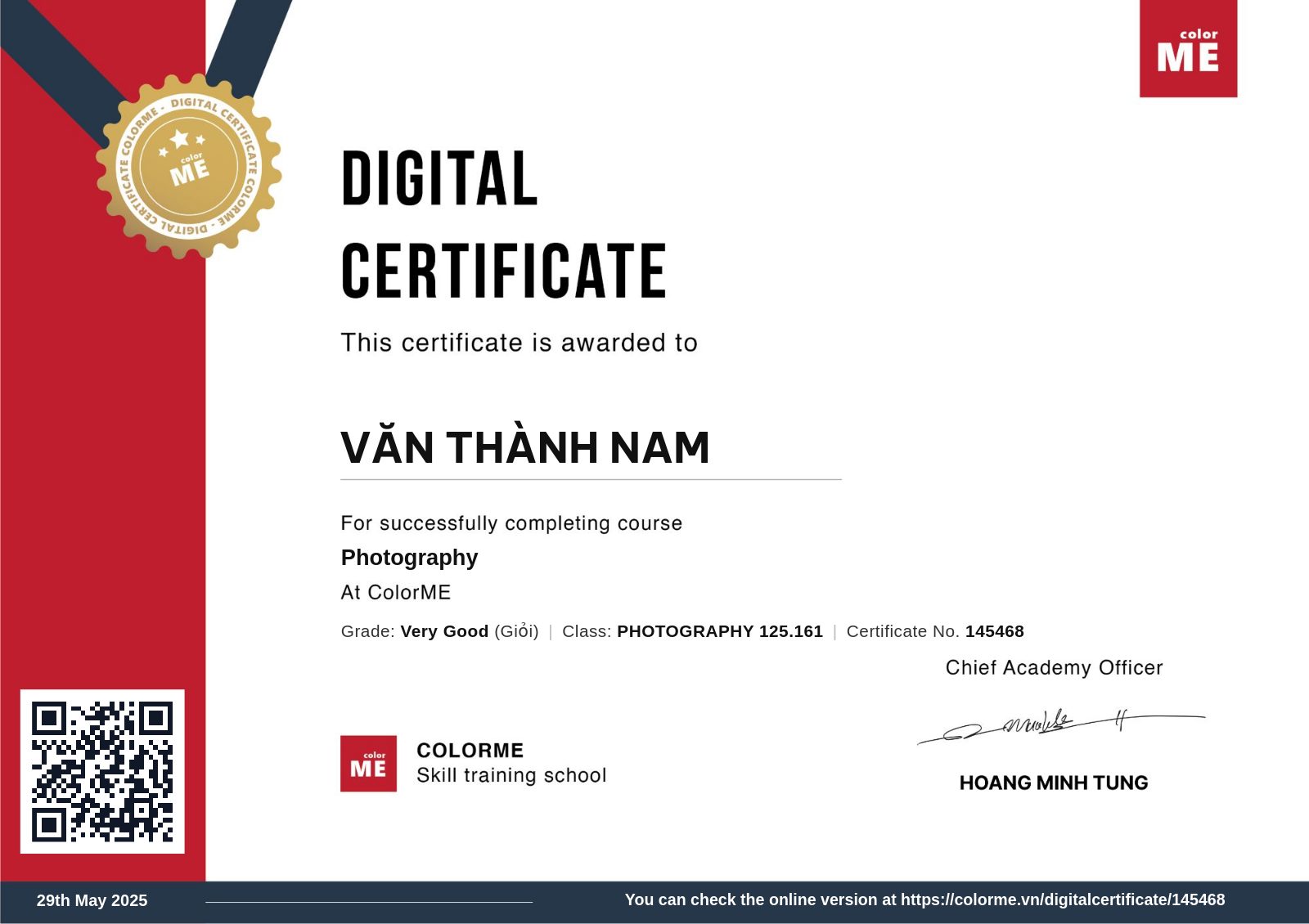 Chứng chỉ Photography của Văn Thành Nam