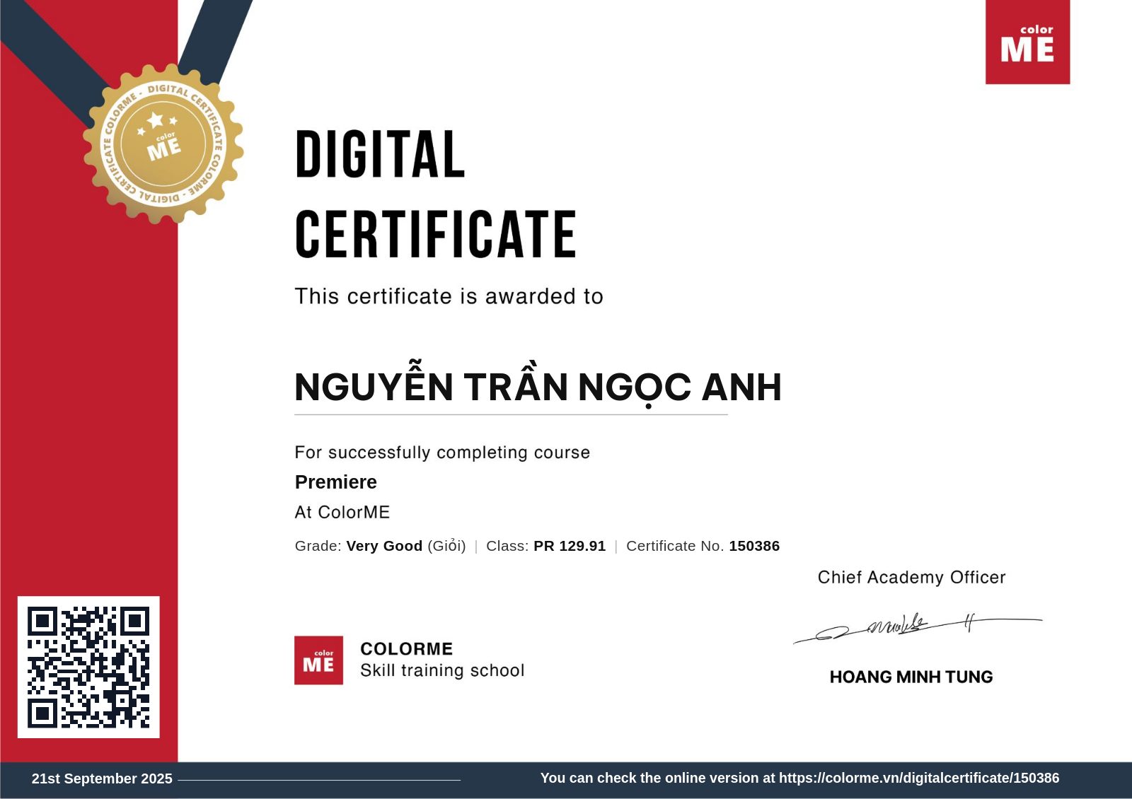 Chứng chỉ Premiere của Nguyễn Trần Ngọc Anh