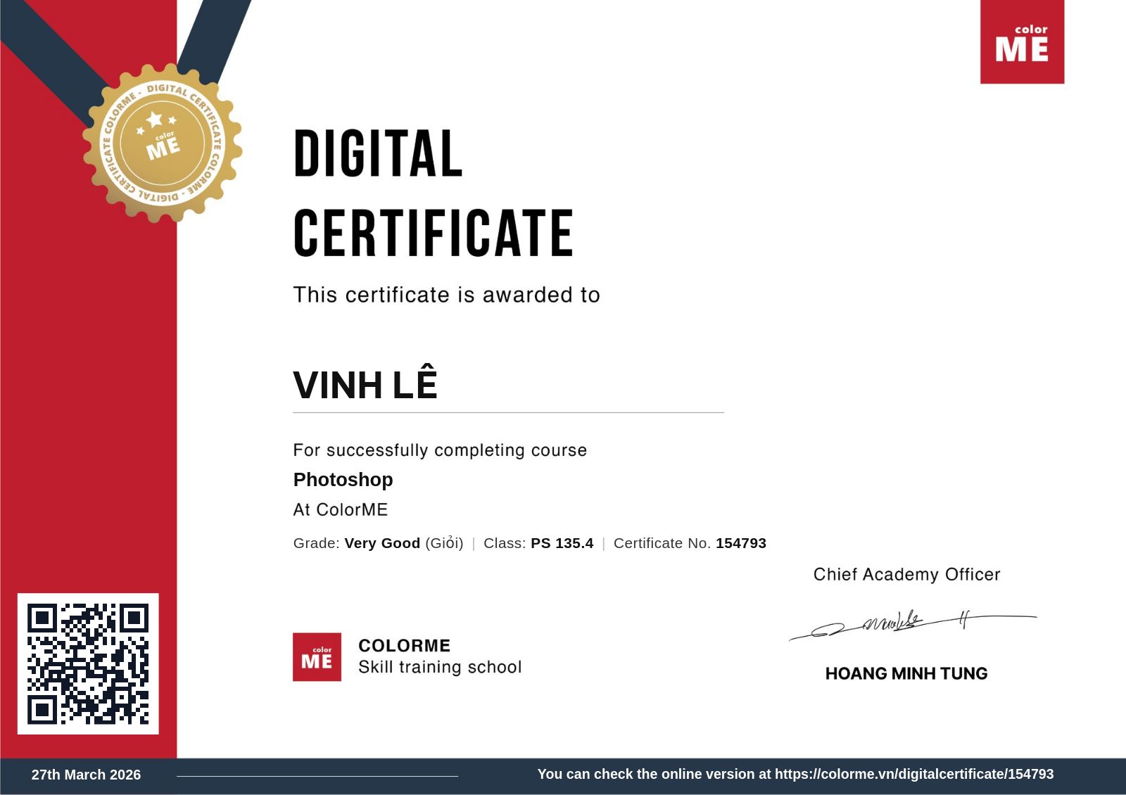 Chứng chỉ Photoshop của Vinh Lê