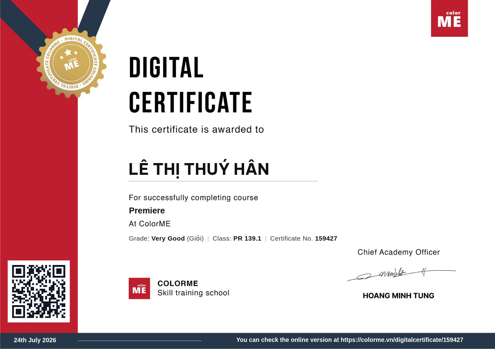 Chứng chỉ Premiere của Lê Thị Thuý Hân
