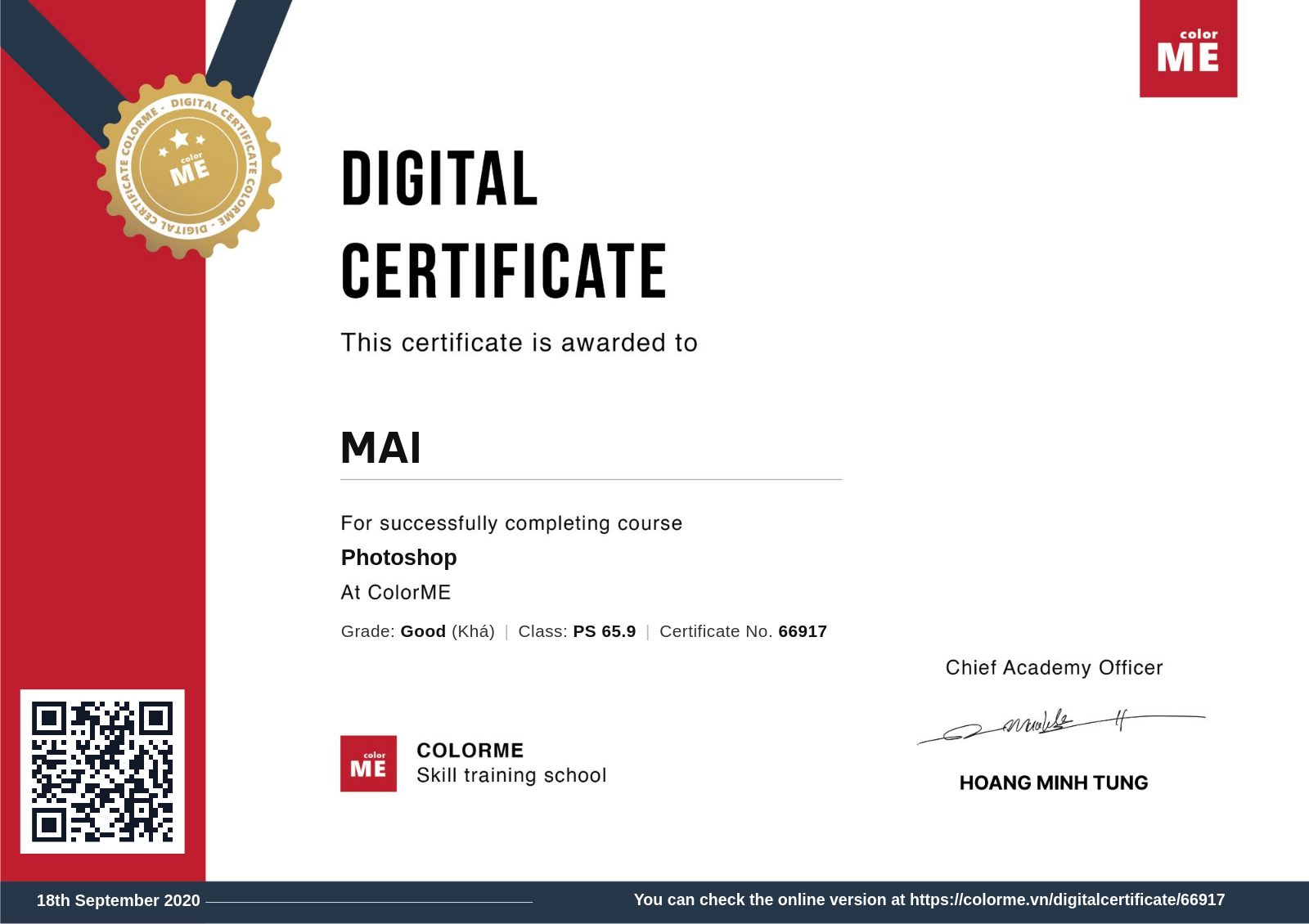 Chứng chỉ Photoshop của Mai