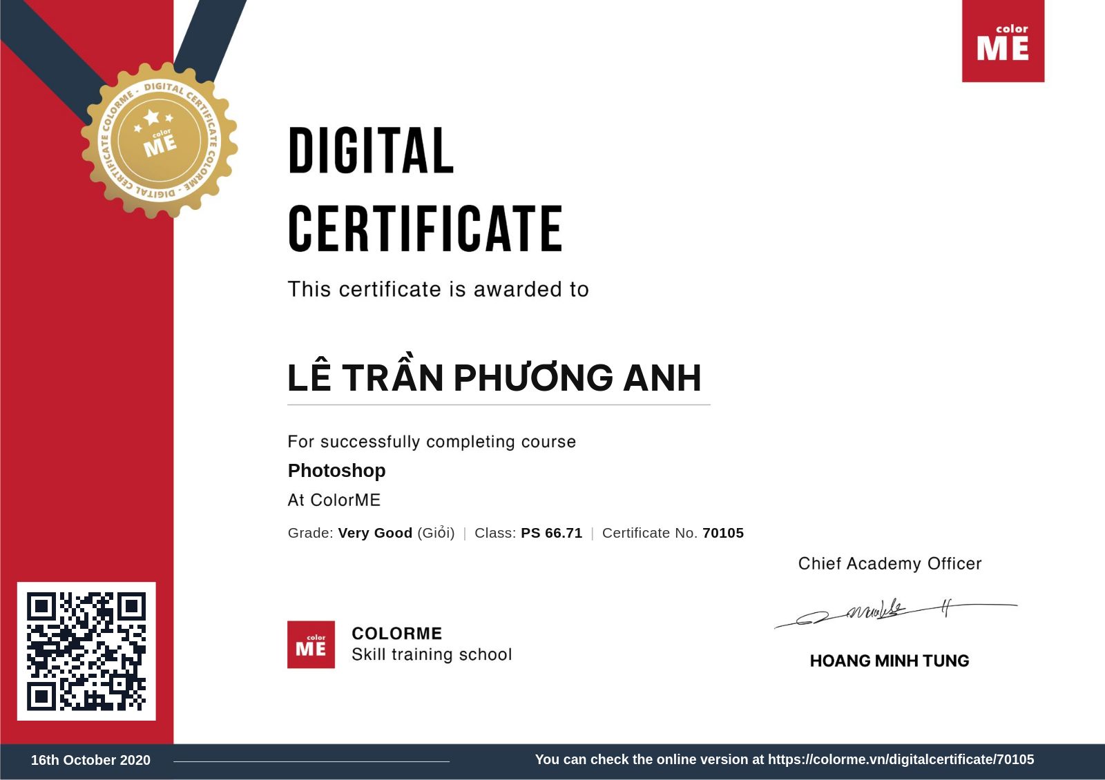 Chứng chỉ Photoshop của Lê Trần Phương Anh