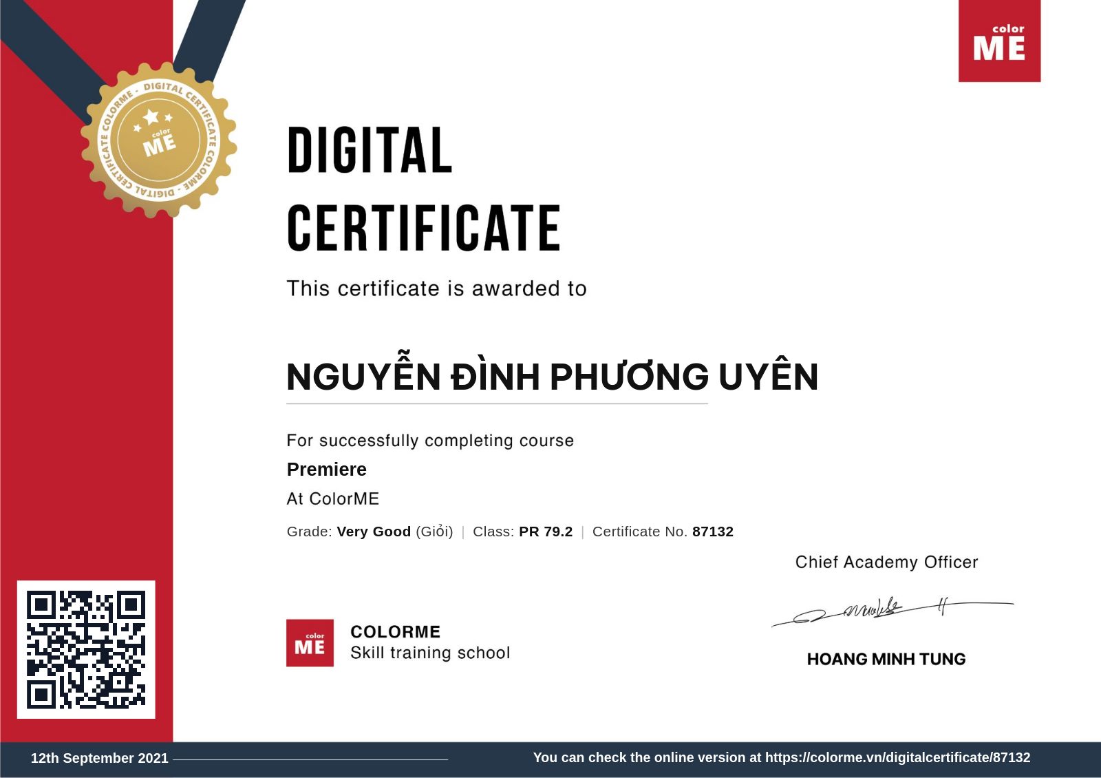 Chứng chỉ Premiere của Nguyễn Đình Phương Uyên
