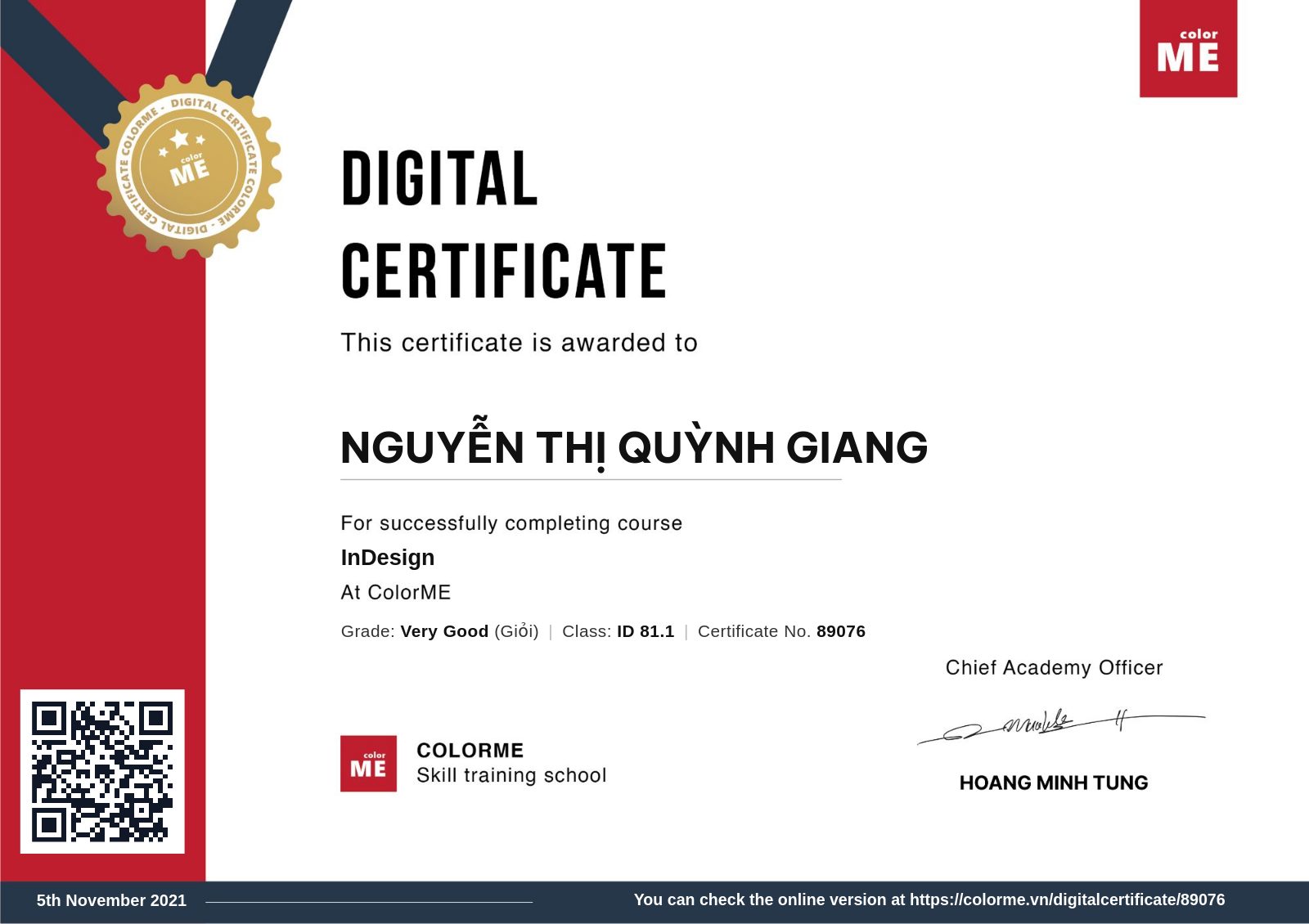 Chứng chỉ InDesign của Nguyễn Thị Quỳnh Giang