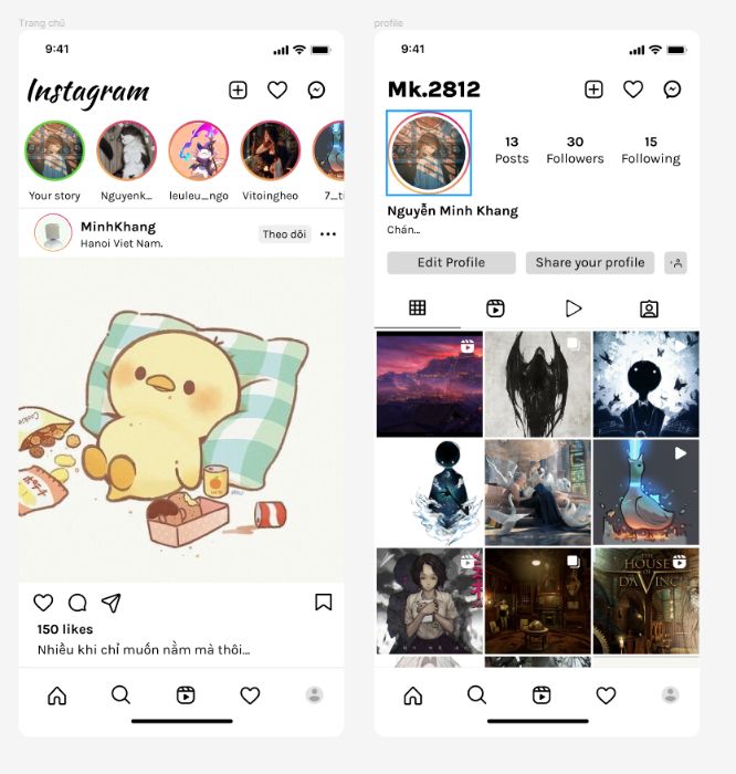Btvn bài 1: thiết kế lại trang chủ và profile ig