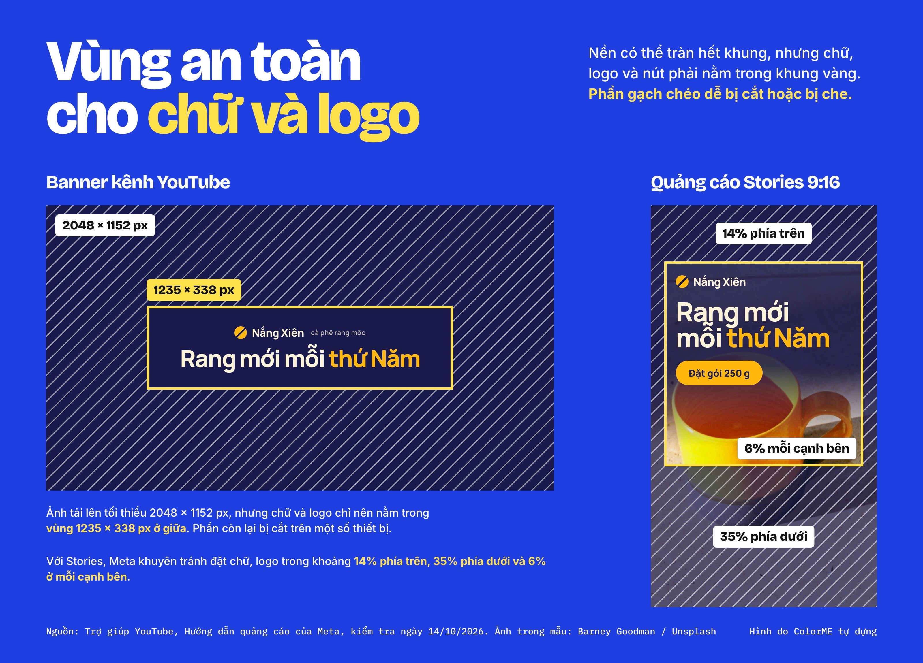 Sơ đồ vùng an toàn: banner kênh YouTube 2048 × 1152 px với vùng 1235 × 338 px ở giữa cho chữ và logo, và quảng cáo Stories 9:16 với 14% phía trên, 35% phía dưới, 6% mỗi cạnh bên nên tránh đặt chữ