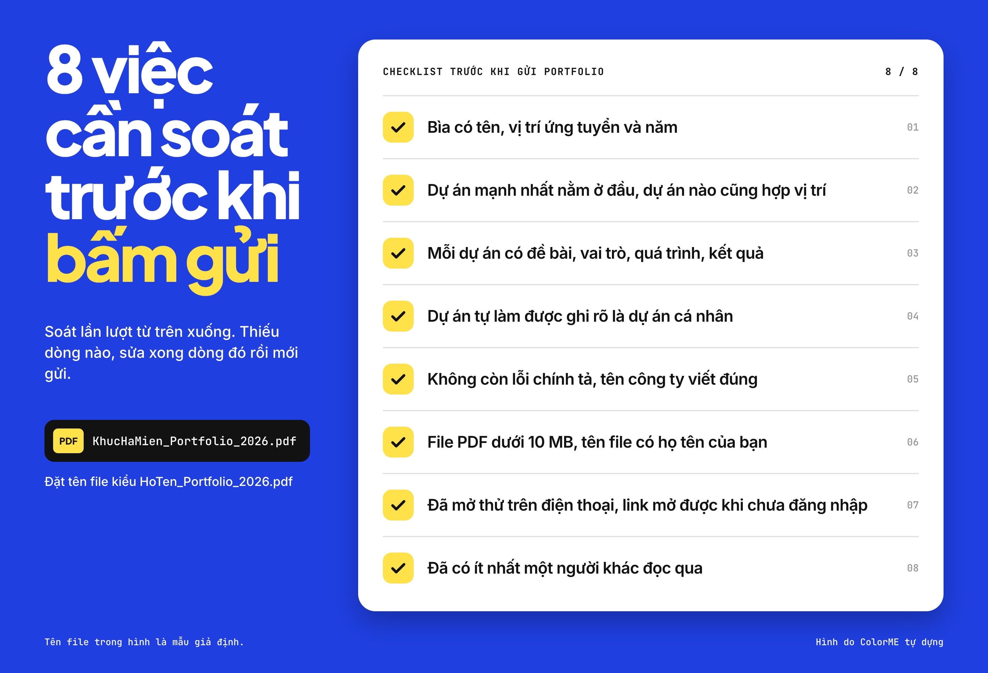 Checklist tám việc cần soát trước khi gửi portfolio, từ trang bìa, thứ tự dự án, dung lượng file PDF đến việc nhờ người khác đọc qua