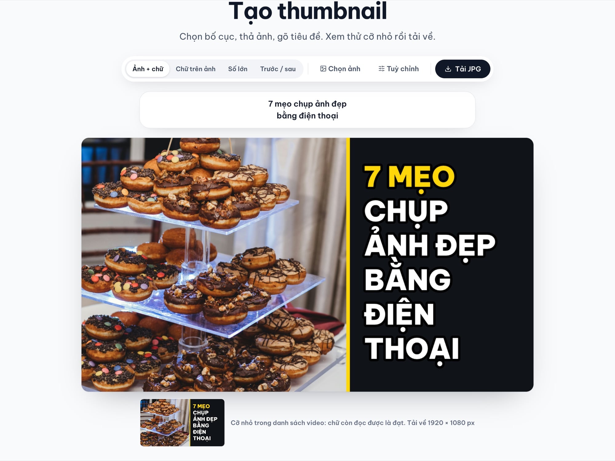 Công cụ Tạo thumbnail sau khi thêm ảnh tháp bánh donut vào bố cục Ảnh + chữ