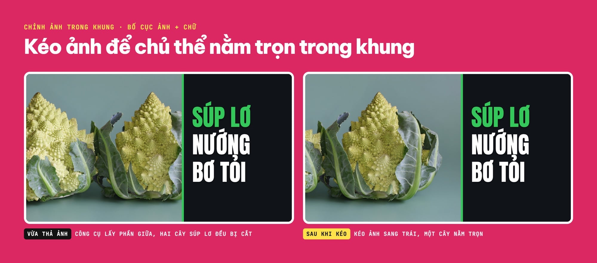 Hai thumbnail súp lơ nướng bơ tỏi: bên trái ảnh bị cắt hai cây, bên phải một cây súp lơ nằm trọn trong khung