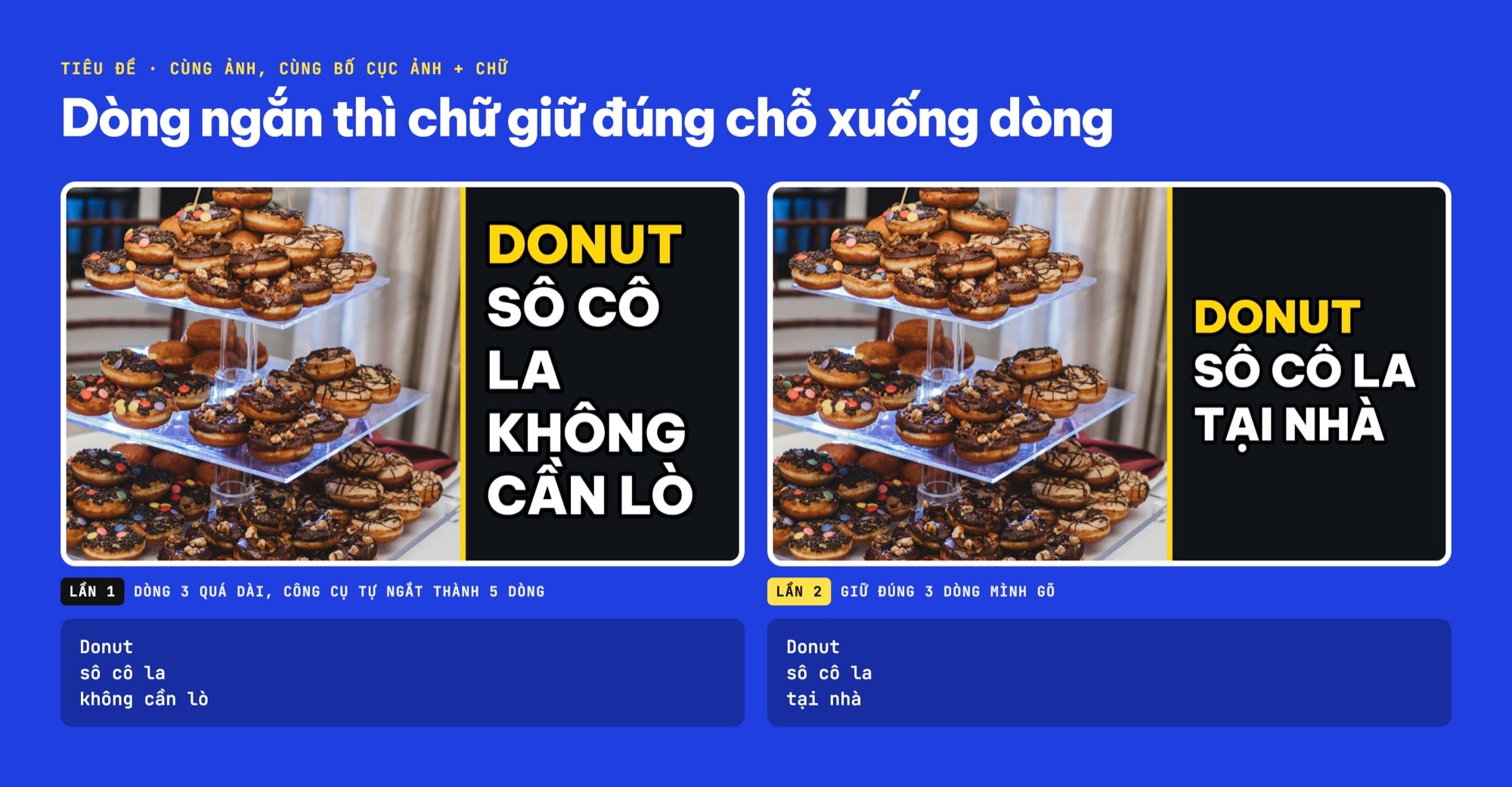 So sánh hai thumbnail donut: tiêu đề dài bị ngắt dòng xấu và tiêu đề ngắn giữ đúng ba dòng