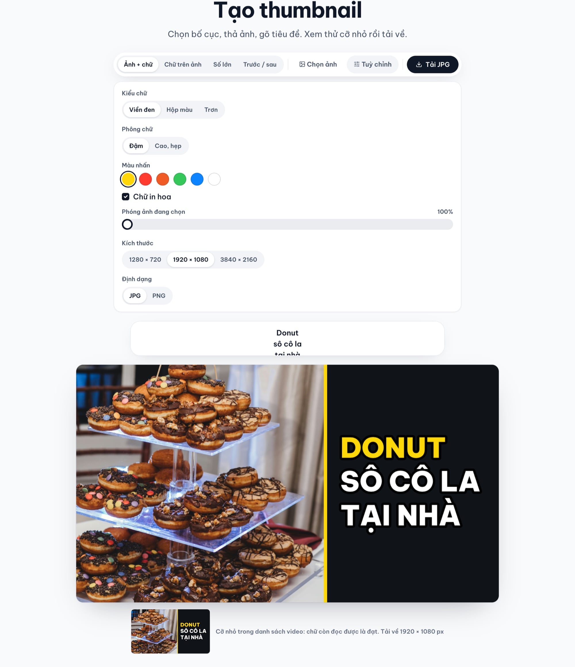 Bảng Tuỳ chỉnh của công cụ Tạo thumbnail đang mở phía trên thumbnail donut sô cô la tại nhà