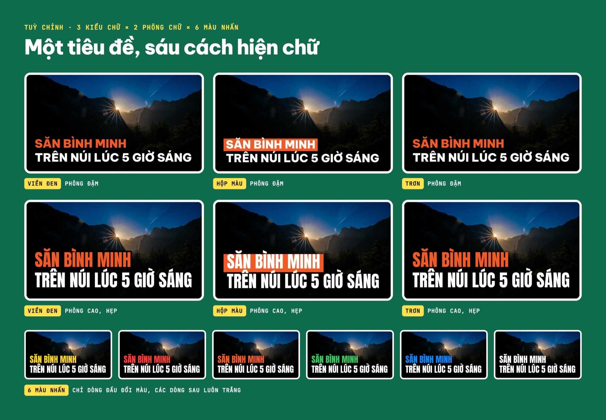 Bảng so sánh ba kiểu chữ Viền đen, Hộp màu, Trơn với hai phông chữ và sáu màu nhấn trên cùng một thumbnail bình minh
