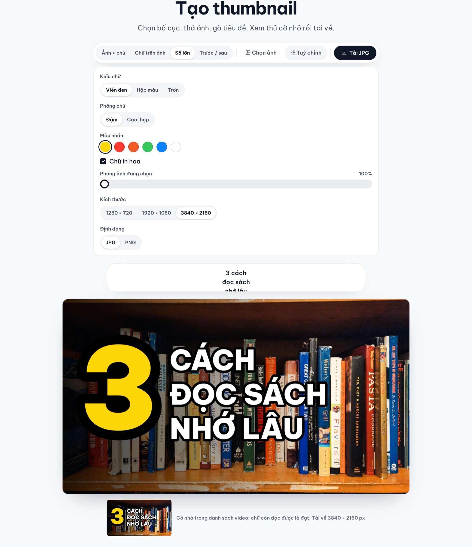 Bảng Tuỳ chỉnh với kích thước 3840 × 2160 và định dạng JPG đang chọn, bên dưới là thumbnail bố cục Số lớn