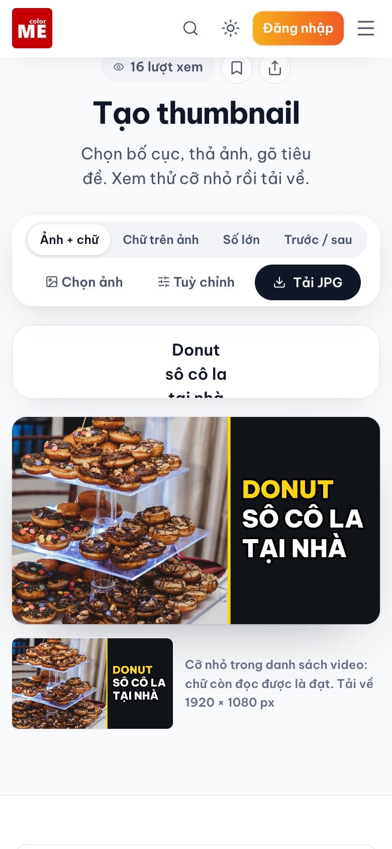Công cụ Tạo thumbnail ở chiều rộng điện thoại 390 px với thumbnail donut sô cô la tại nhà và ô xem thử cỡ nhỏ