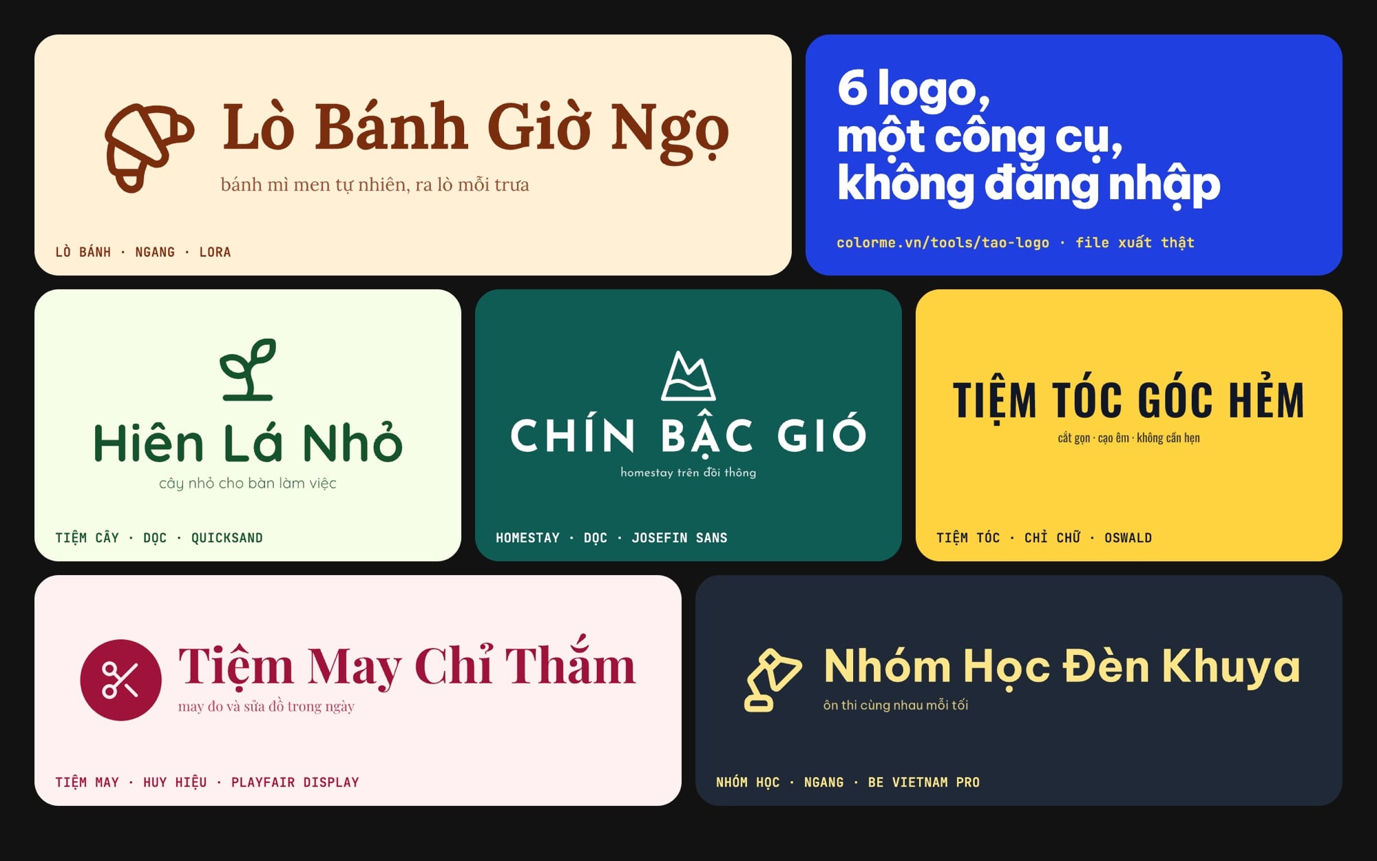 Sáu logo tạo bằng công cụ Tạo logo của ColorME: lò bánh, tiệm cây, homestay, tiệm tóc, tiệm may và nhóm học