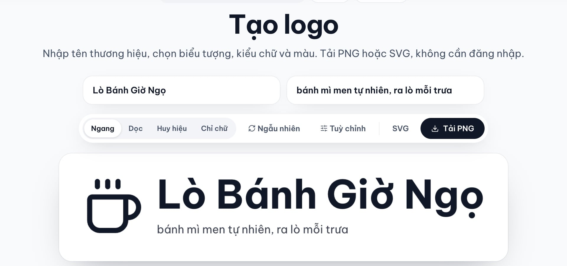 Ô nhập tên thương hiệu và slogan trong công cụ Tạo logo, khung xem trước hiện logo với biểu tượng mặc định