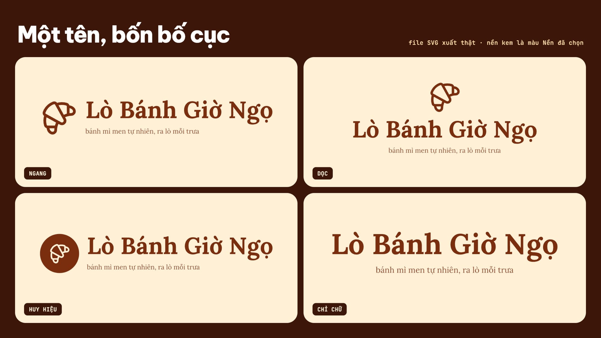 Logo Lò Bánh Giờ Ngọ ở bốn bố cục Ngang, Dọc, Huy hiệu và Chỉ chữ